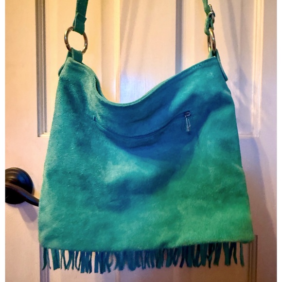 NEW LIATALIA ITALIAN SUEDE LEATHER BOHO TURQUOISE FRINGE CROSSBODY PURSE HANDBAG - Picture 10 of 14